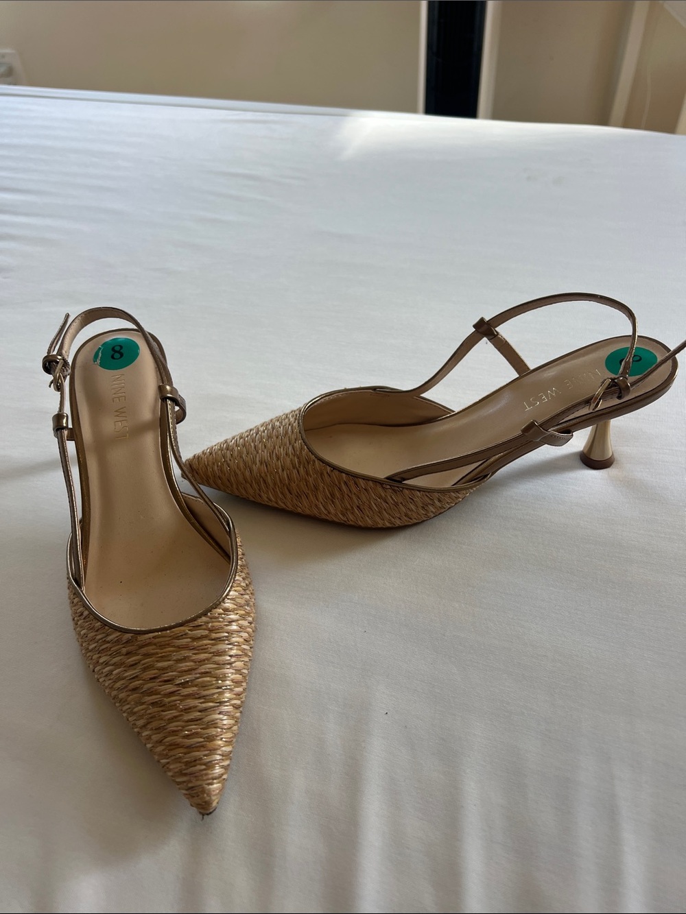 NINE WEST Woven Pointed-Toe Slingback Heels in Natural Tan with Gold Accents